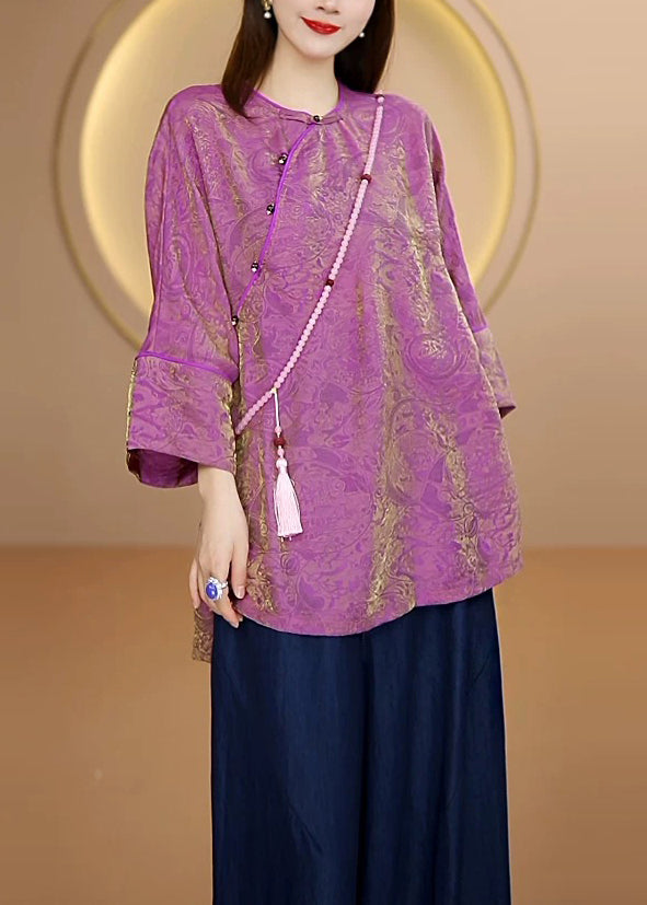 Boutique Coffee O Neck Button Patchwork Silk Tops Fall