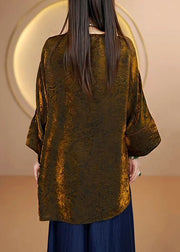 Boutique Coffee O Neck Button Patchwork Silk Tops Fall