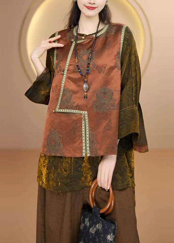 Boutique Coffee O Neck Jacquard Patchwork Silk Vest Sleeveless