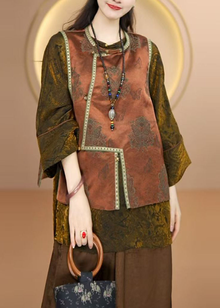 Boutique Coffee O Neck Jacquard Patchwork Silk Vest Sleeveless