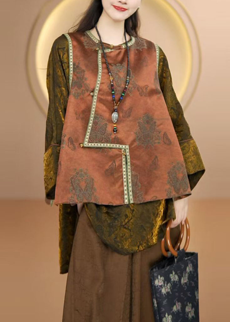 Boutique Coffee O Neck Jacquard Patchwork Silk Vest Sleeveless