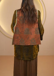 Boutique Coffee O Neck Jacquard Patchwork Silk Vest Sleeveless