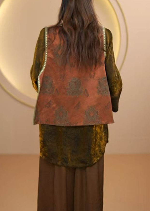 Boutique Coffee O Neck Jacquard Patchwork Silk Vest Sleeveless