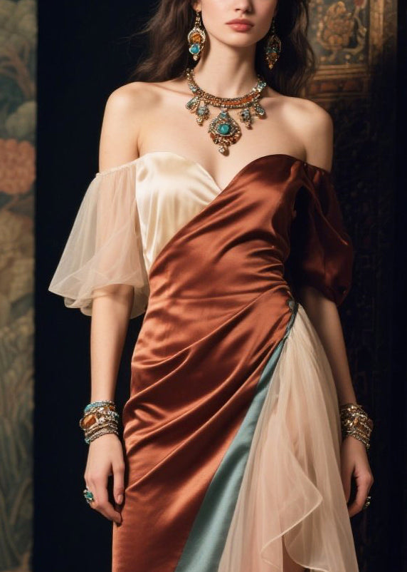 Boutique Colorblock Asymmetrical Patchwork Side Open Silk Dinner Dress Summer