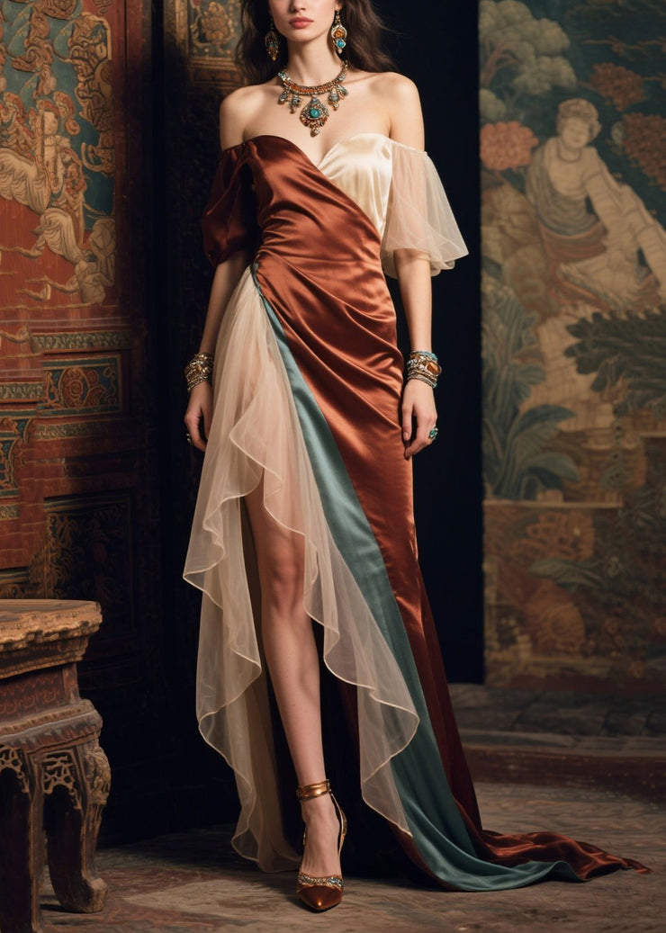Boutique Colorblock Asymmetrical Patchwork Side Open Silk Dinner Dress Summer