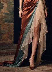 Boutique Colorblock Asymmetrical Patchwork Side Open Silk Dinner Dress Summer