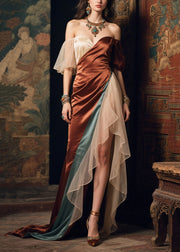 Boutique Colorblock Asymmetrical Patchwork Side Open Silk Dinner Dress Summer