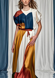 Boutique Colorblock O Neck Silk Dresses Summer