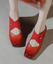 Boutique Cross Strap Splicing Chunky Heel Red Horsehide Leather