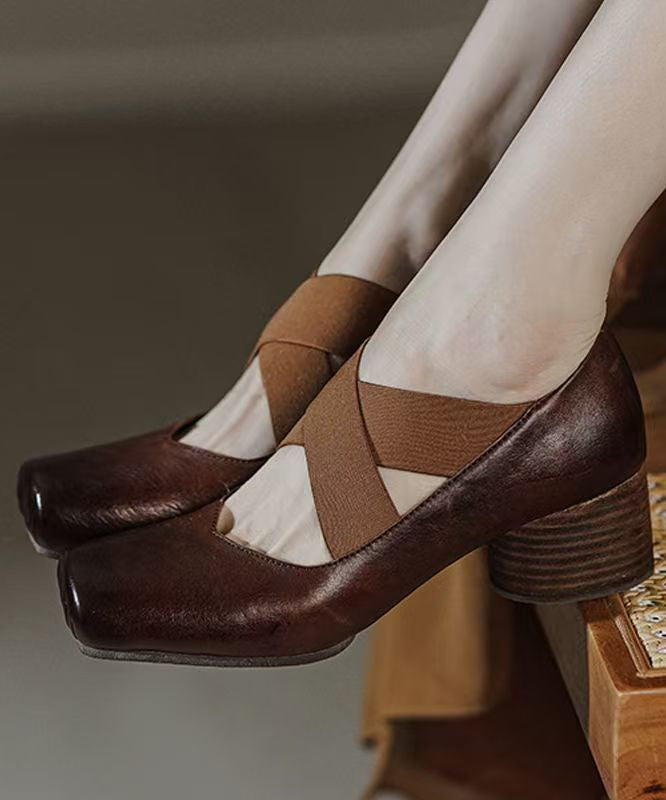 Boutique Cross Strap Splicing Chunky Heel Red Horsehide Leather