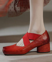 Boutique Cross Strap Splicing Chunky Heel Red Horsehide Leather