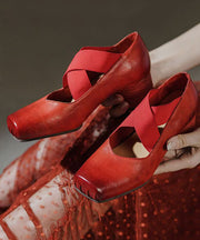 Boutique Cross Strap Splicing Chunky Heel Red Horsehide Leather