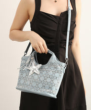 Boutique Denim Blue Rhinestone Star Decorated Cotton Tote Handbag