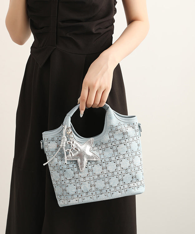 Boutique Denim Blue Rhinestone Star Decorated Cotton Tote Handbag
