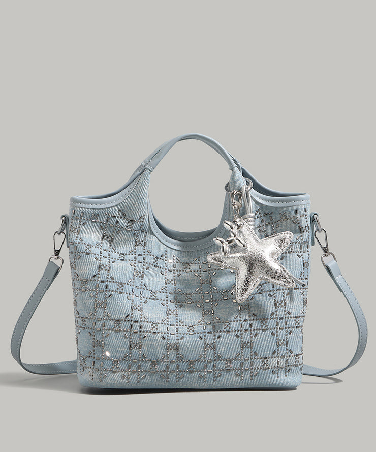Boutique Denim Blue Rhinestone Star Decorated Cotton Tote Handbag