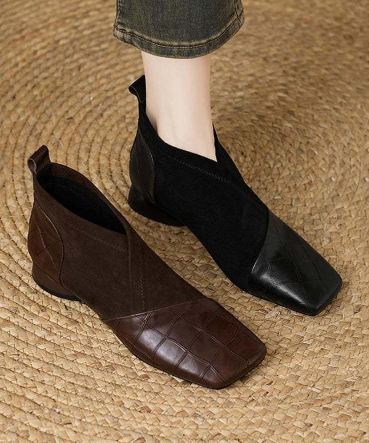 Boutique Embossed Splicing Ankle Boots Black Cowhide Leather