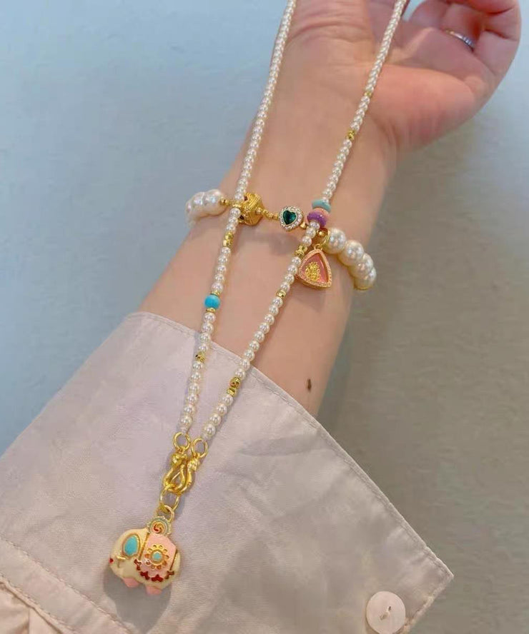 Boutique Gold Alloy Pearl Beads Little Elephant Pendant Necklace