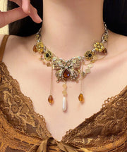 Boutique Gold Alloy Zircon Pearl Butterfly Tassel Pendant Necklace