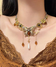 Boutique Gold Alloy Zircon Pearl Butterfly Tassel Pendant Necklace