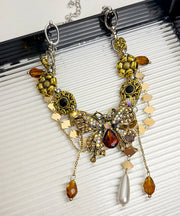 Boutique Gold Alloy Zircon Pearl Butterfly Tassel Pendant Necklace