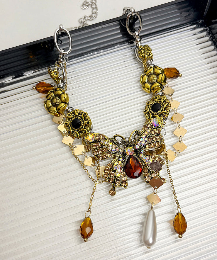 Boutique Gold Alloy Zircon Pearl Butterfly Tassel Pendant Necklace
