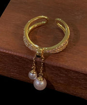 Boutique Gold Copper Overgild Zircon Pearl Tassel Double Layer Open Rings