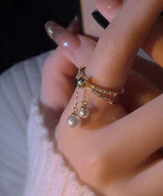 Boutique Gold Copper Overgild Zircon Pearl Tassel Double Layer Open Rings