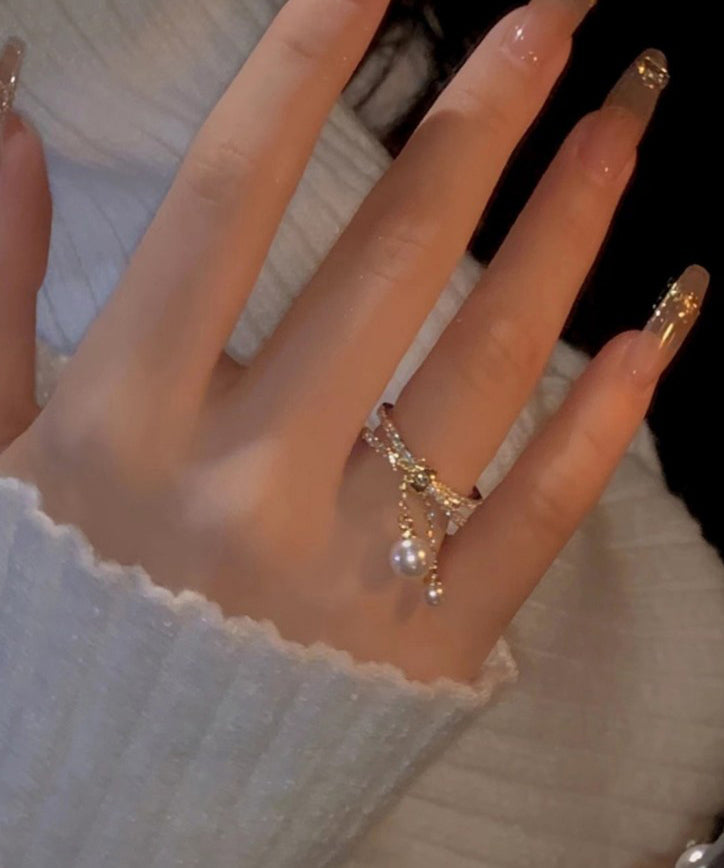 Boutique Gold Copper Overgild Zircon Pearl Tassel Double Layer Open Rings