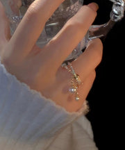 Boutique Gold Copper Overgild Zircon Pearl Tassel Double Layer Open Rings