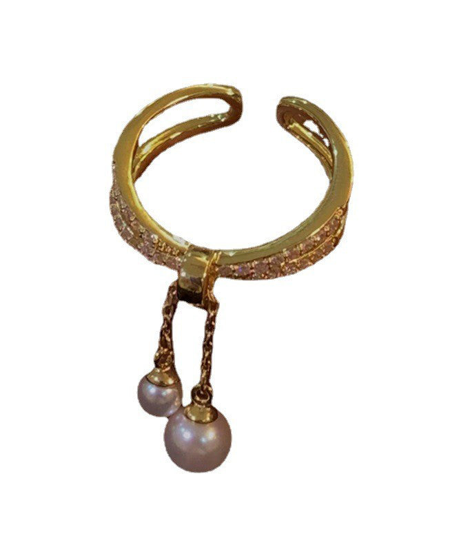 Boutique Gold Copper Overgild Zircon Pearl Tassel Double Layer Open Rings
