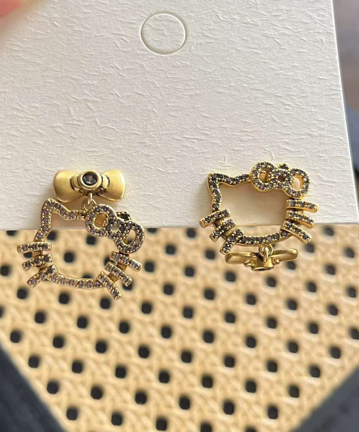 Boutique Gold Copper Zircon Kitty Cat Bow Stud Earrings