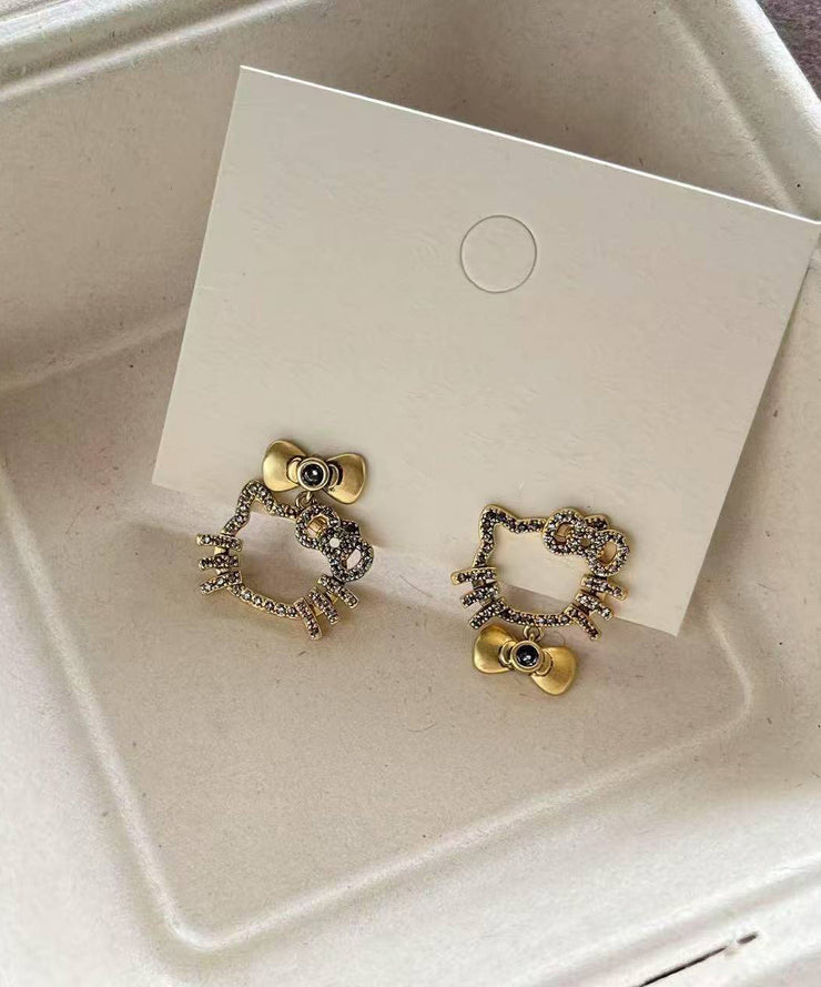 Boutique Gold Copper Zircon Kitty Cat Bow Stud Earrings