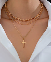 Boutique Gold Metal Alloy Multilayer Cross Pendant Necklace