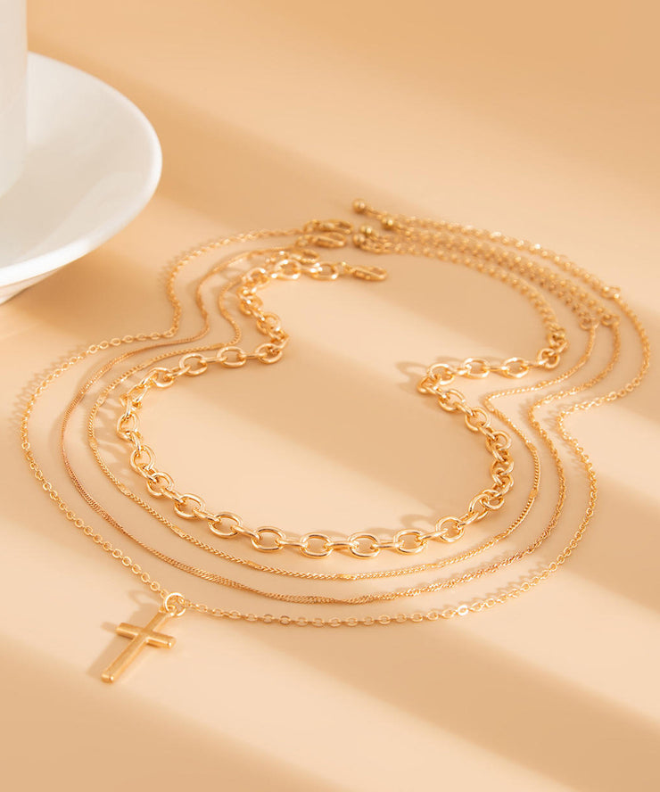Boutique Gold Metal Alloy Multilayer Cross Pendant Necklace