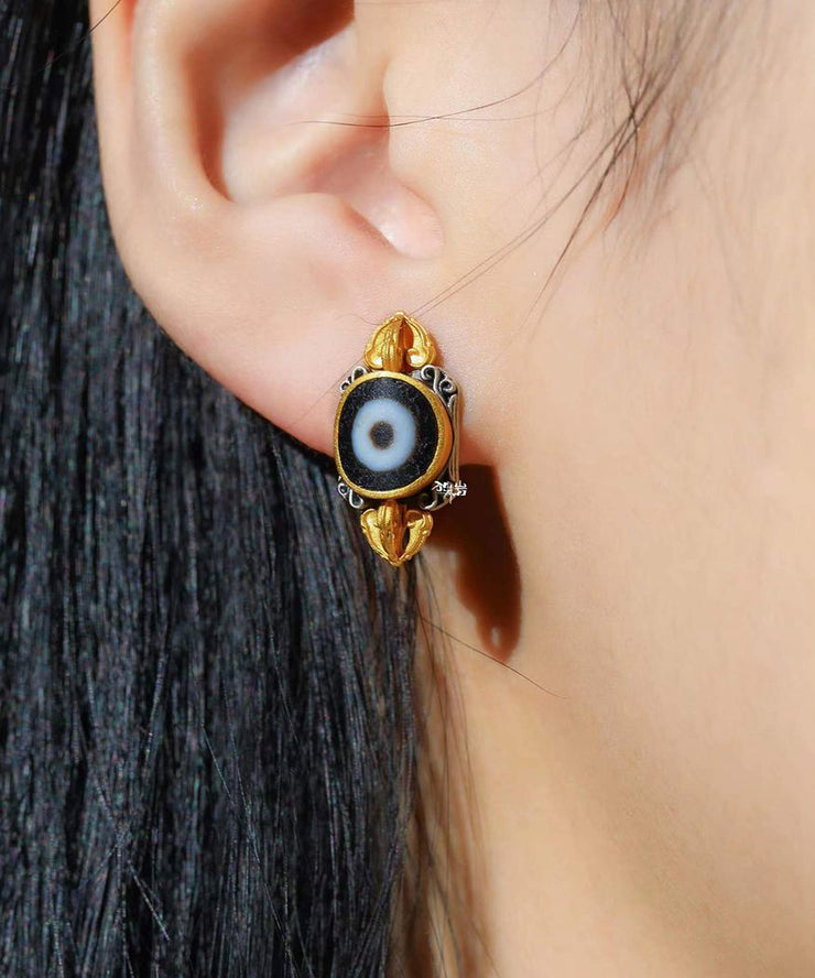 Boutique Gold Sterling Silver Overgild Inlaid Agate Stud Earrings
