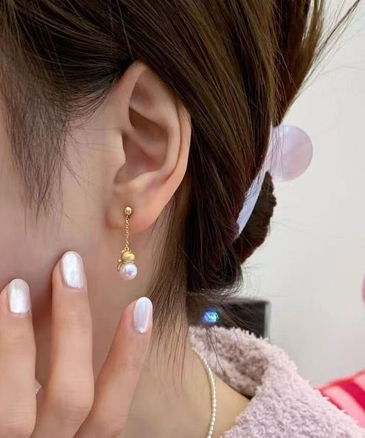 Boutique Gold Sterling Silver Overgild Little Cats Pearl Drop Earrings