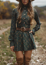 Boutique Green Button Print Cotton Mid Dresses Long Sleeve