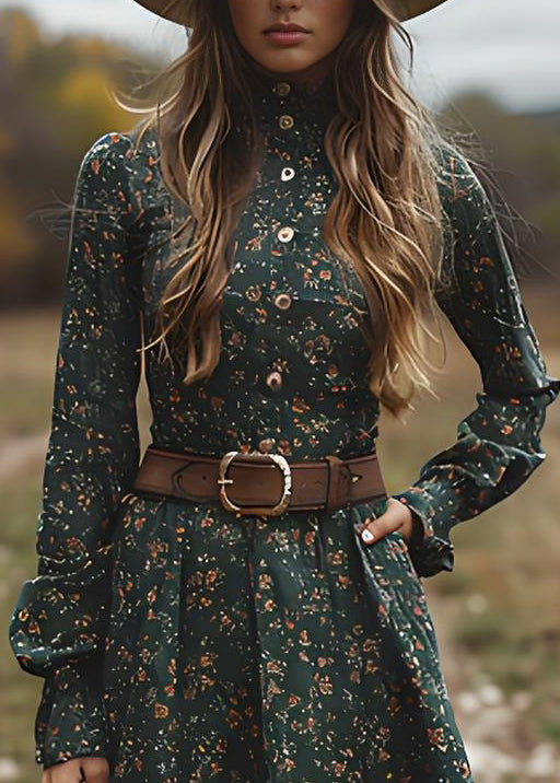Boutique Green Button Print Cotton Mid Dresses Long Sleeve