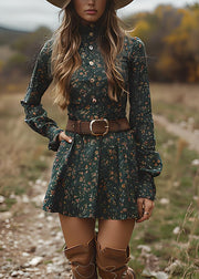Boutique Green Button Print Cotton Mid Dresses Long Sleeve