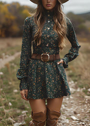 Boutique Green Button Print Cotton Mid Dresses Long Sleeve