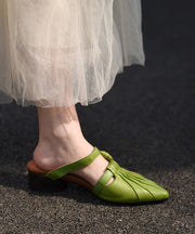 Boutique Green Cowhide Leather Splicing Slide Sandals Pointed Toe