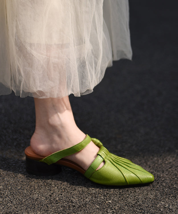 Boutique Green Cowhide Leather Splicing Slide Sandals Pointed Toe