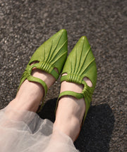 Boutique Green Cowhide Leather Splicing Slide Sandals Pointed Toe