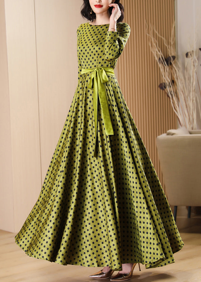 Boutique Green Dot Print Lace Up Silk Velvet Dress Fall