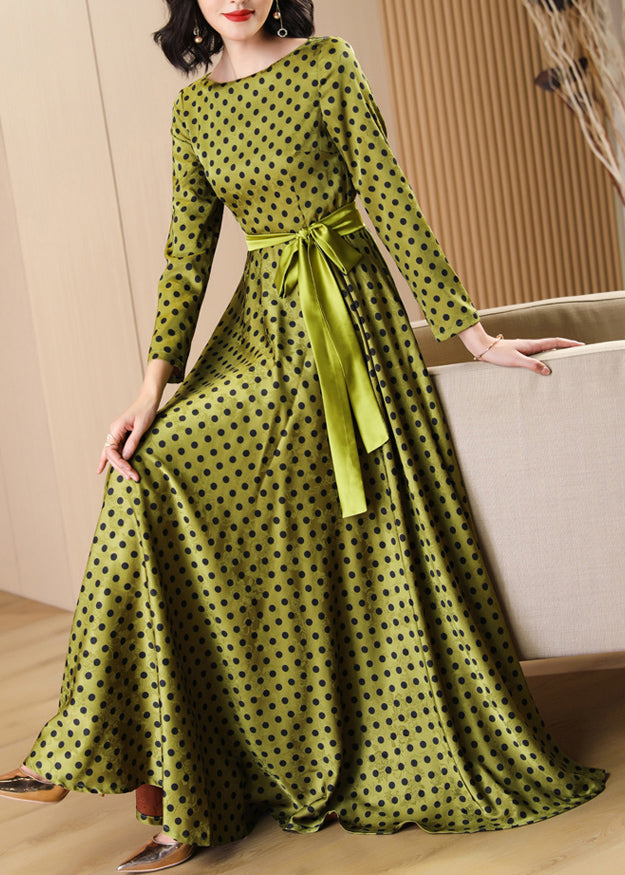 Boutique Green Dot Print Lace Up Silk Velvet Dress Fall
