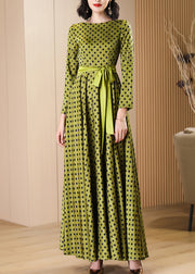 Boutique Green Dot Print Lace Up Silk Velvet Dress Fall