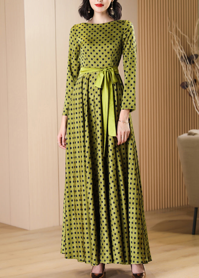 Boutique Green Dot Print Lace Up Silk Velvet Dress Fall