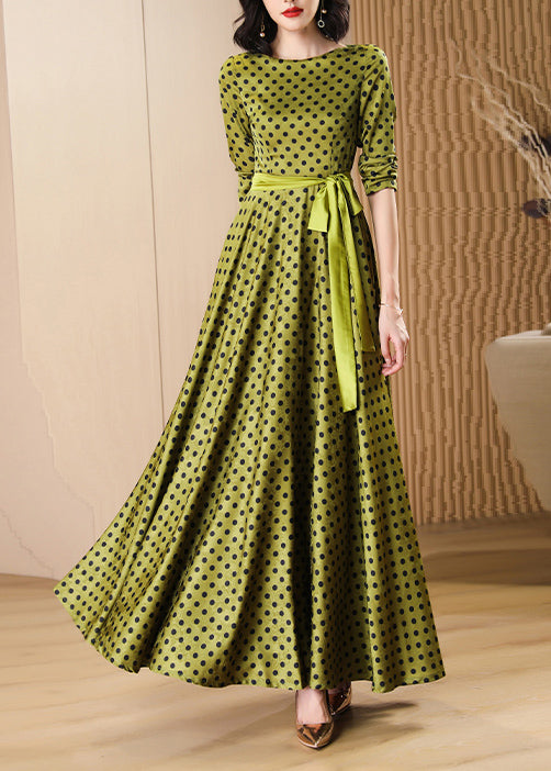 Boutique Green Dot Print Lace Up Silk Velvet Dress Fall