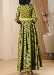 Boutique Green Dot Print Lace Up Silk Velvet Dress Fall