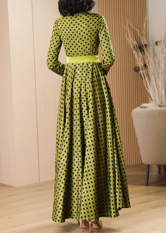 Boutique Green Dot Print Lace Up Silk Velvet Dress Fall